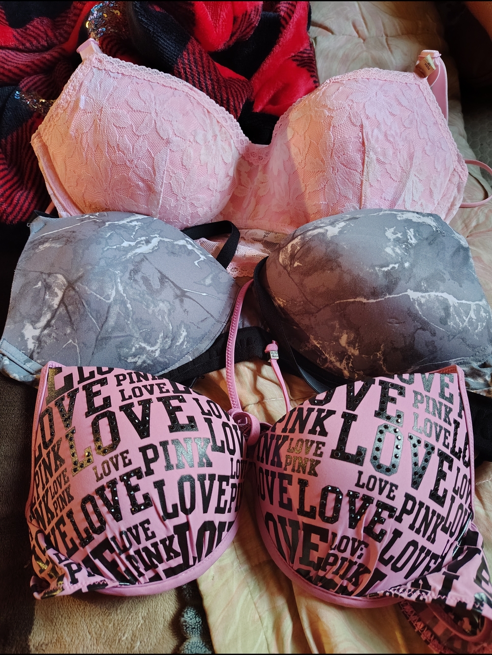 PINK Victoria's Secret Pink Lace, Gray Marble & Logo-Print Bra Trio